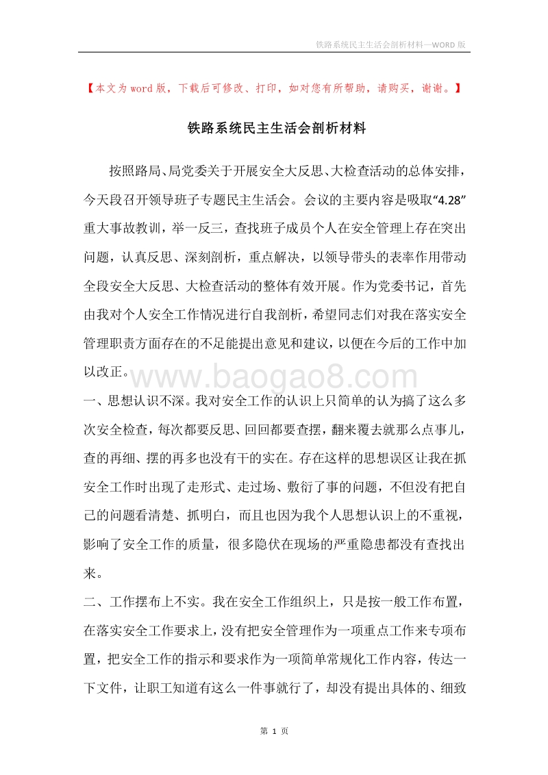 铁路系统民主生活会剖析材料.docx_第1页