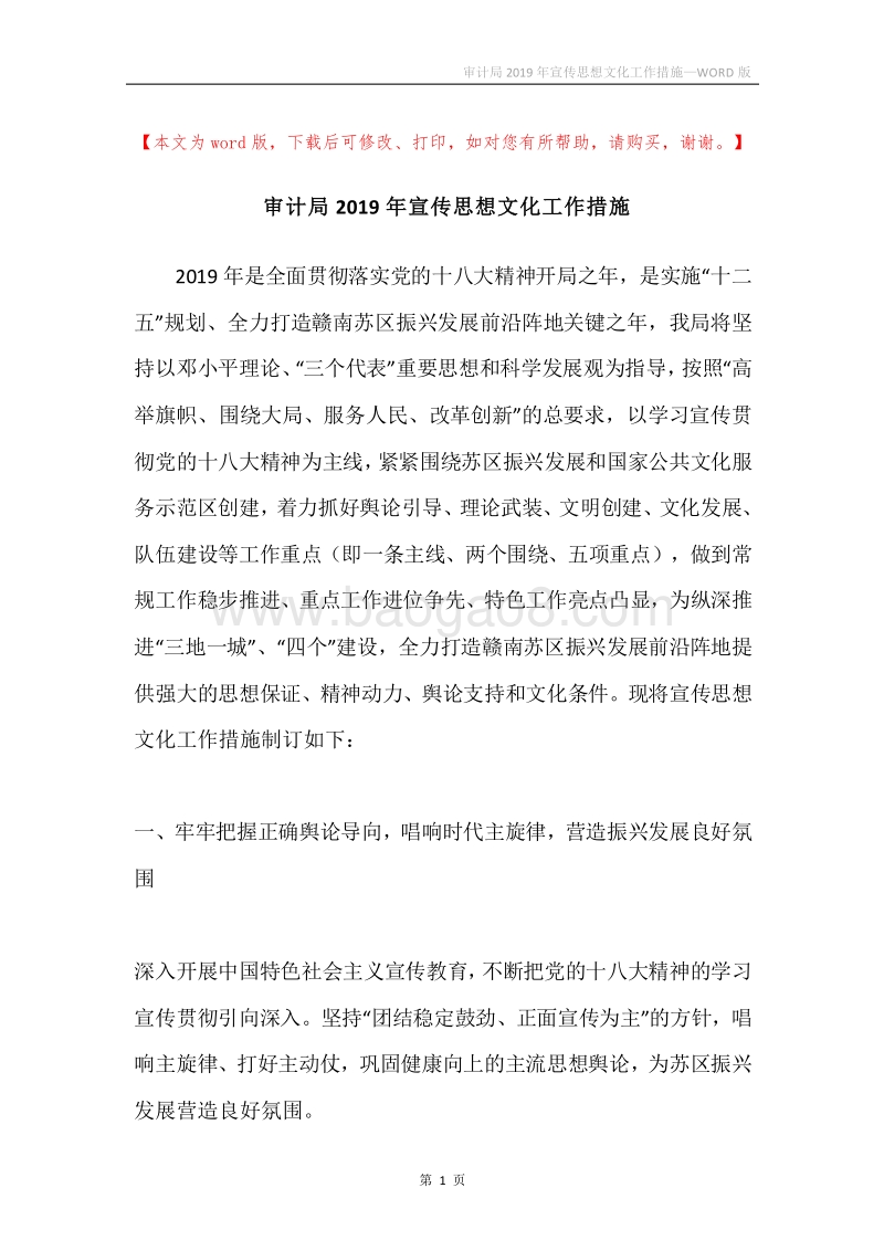 审计局2019年宣传思想文化工作措施.docx_第1页