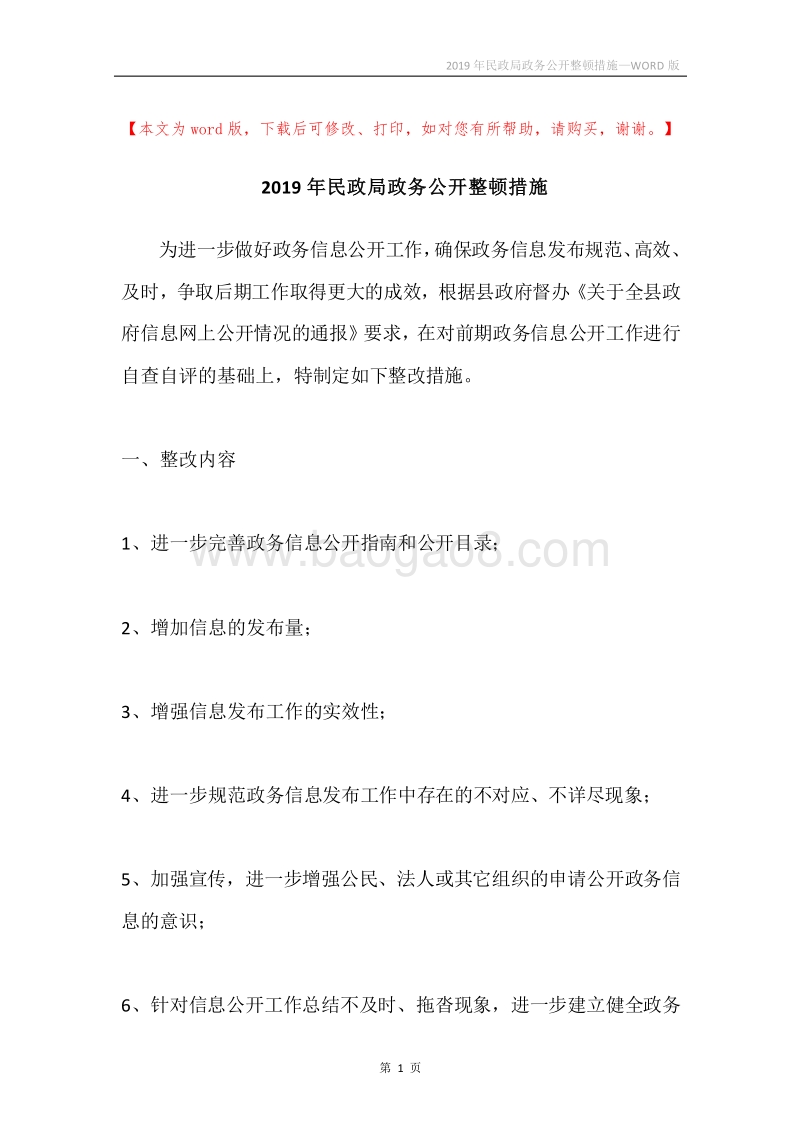 2019年民政局政务公开整顿措施.docx_第1页