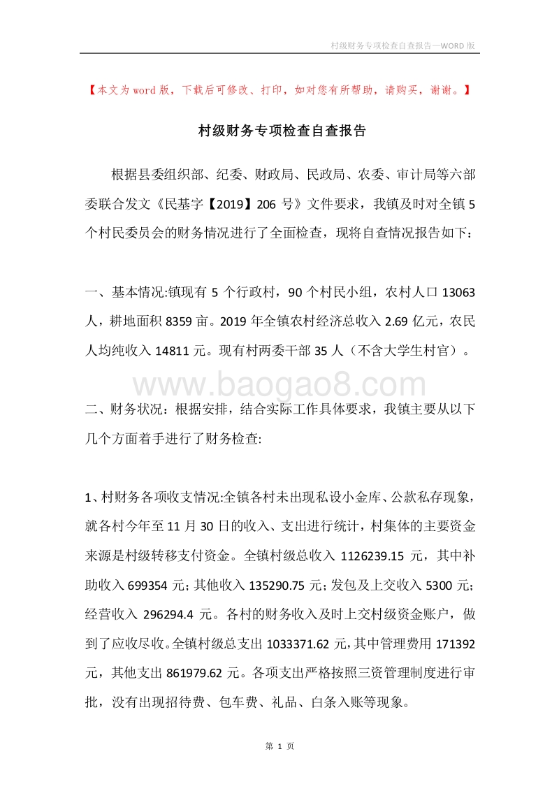 村级财务专项检查自查报告.docx_第1页
