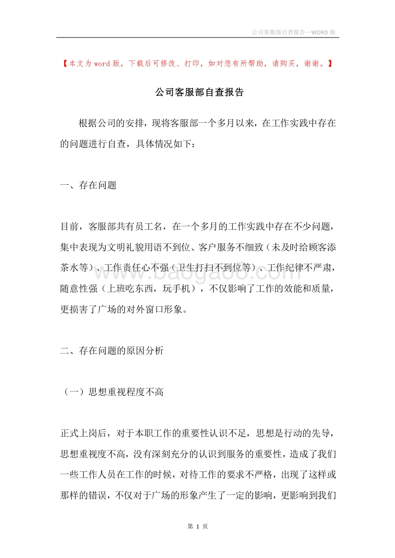 公司客服部自查报告.docx_第1页