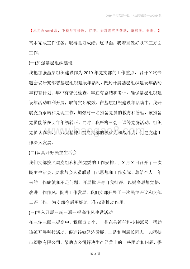 2019年党支部书记个人述职报告.docx_第2页