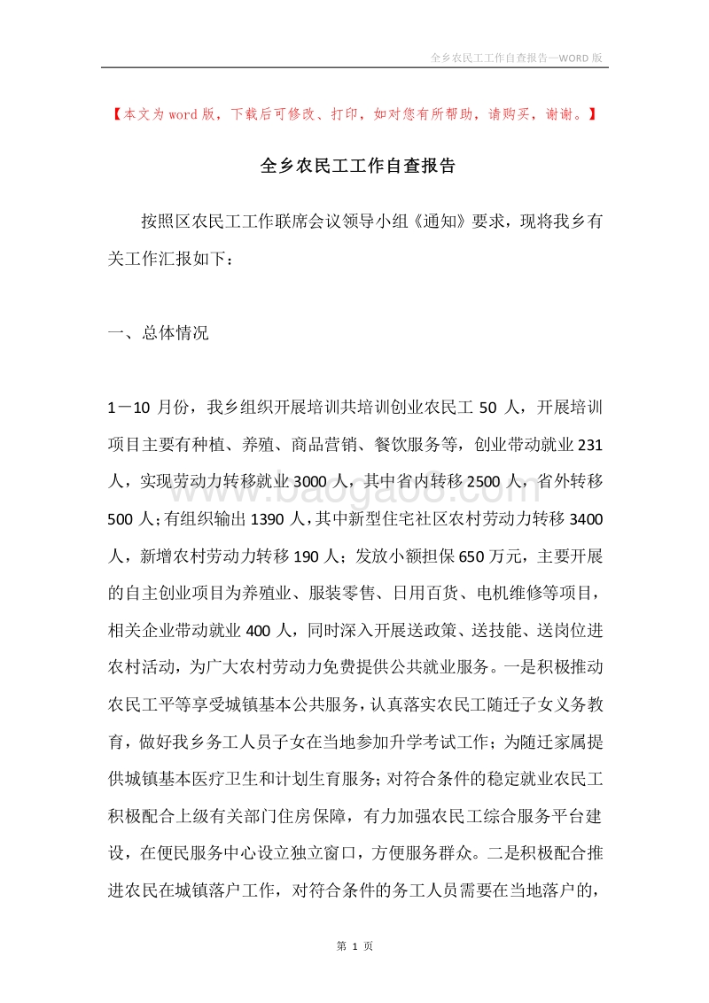 全乡农民工工作自查报告.docx_第1页