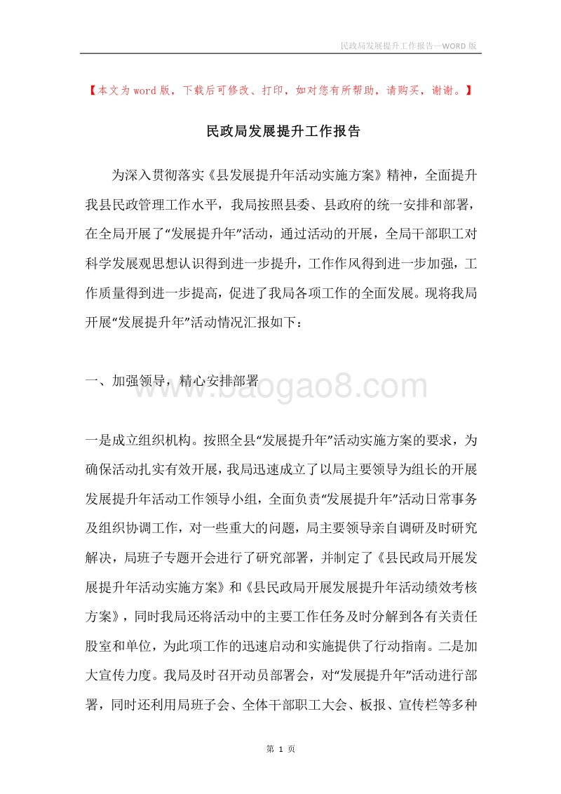 民政局发展提升工作报告.docx_第1页