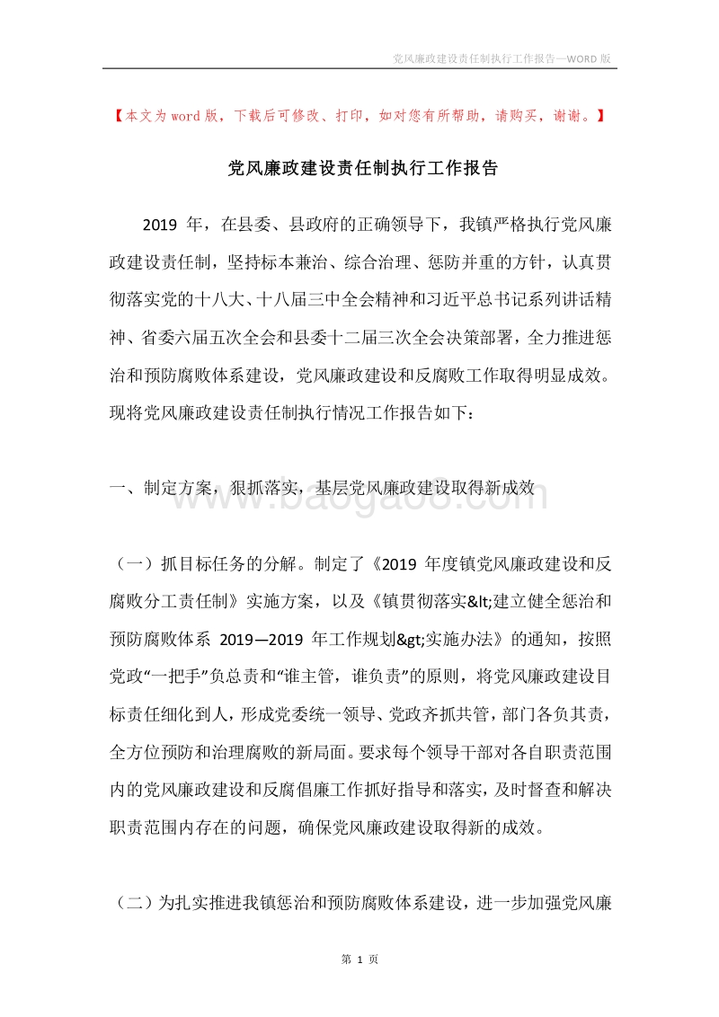 党风廉政建设责任制执行工作报告.docx_第1页