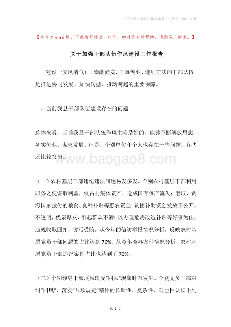 关于加强干部队伍作风建设工作报告.docx_第1页