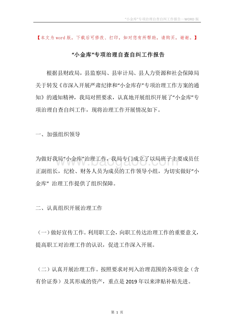 “小金库”专项治理自查自纠工作报告.docx_第1页