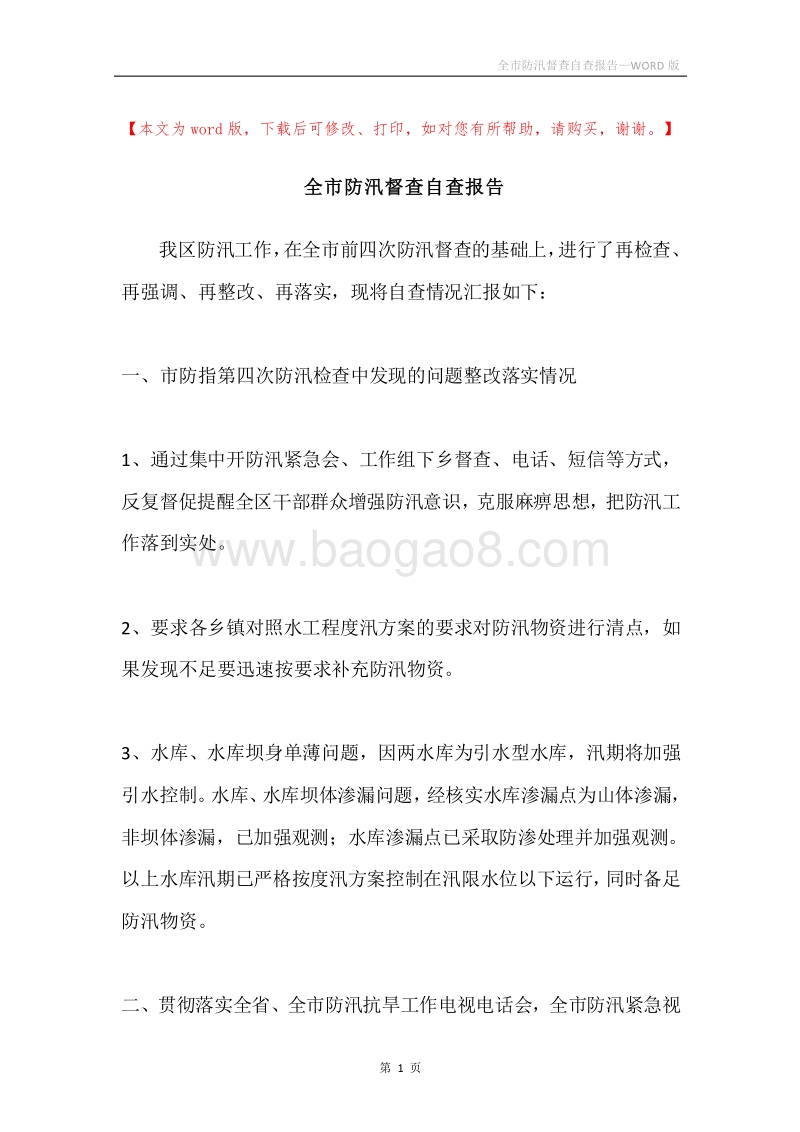 全市防汛督查自查报告.docx_第1页