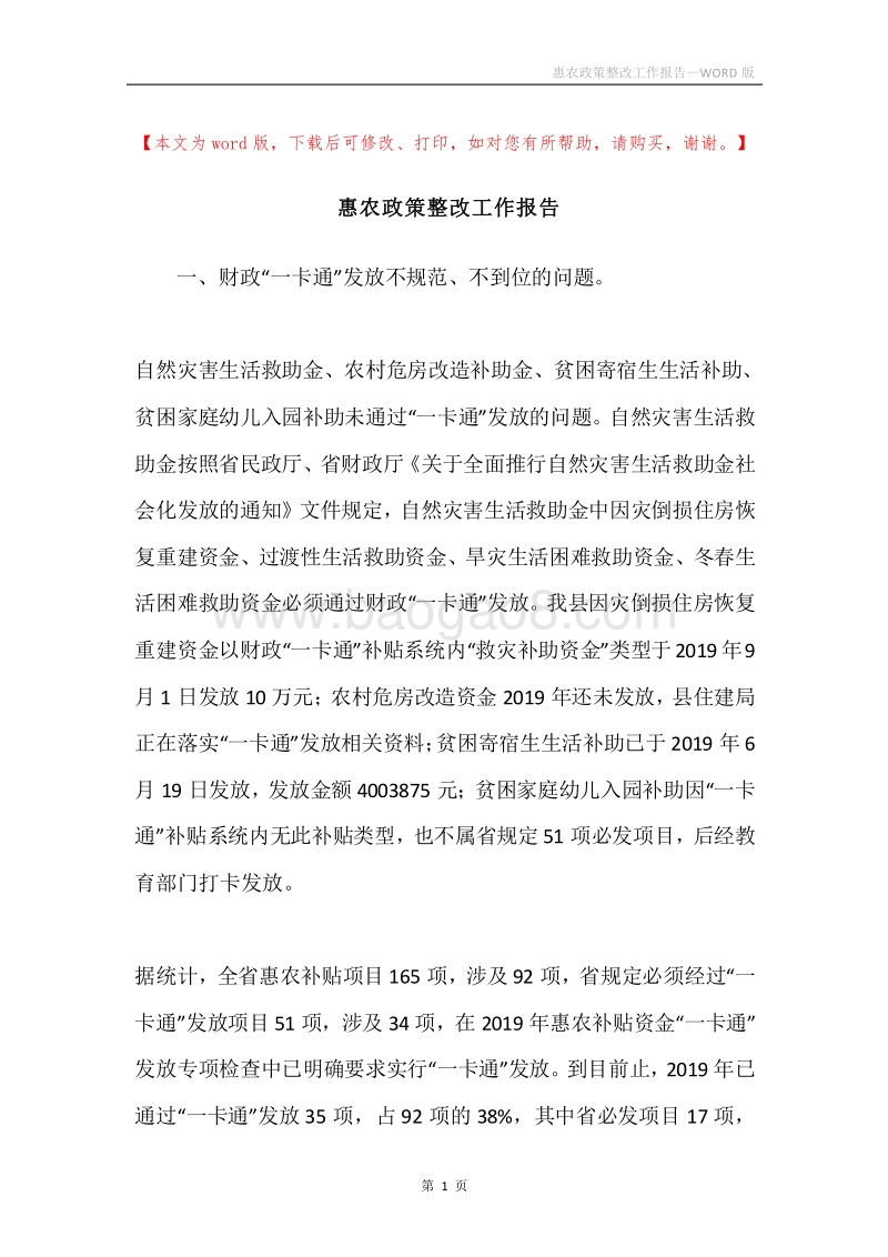 惠农政策整改工作报告.docx_第1页