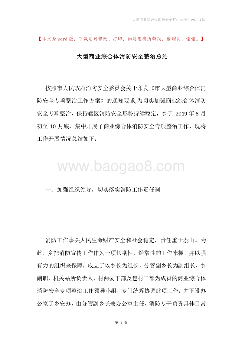 大型商业综合体消防安全整治总结.docx_第1页