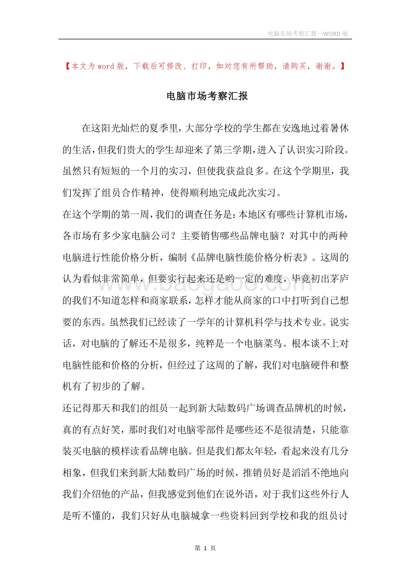 电脑市场考察汇报.docx_第1页