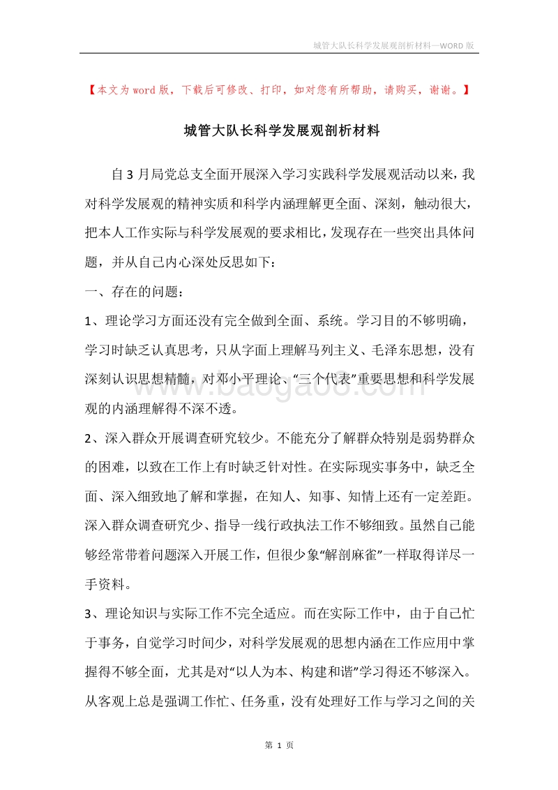城管大队长科学发展观剖析材料.docx_第1页