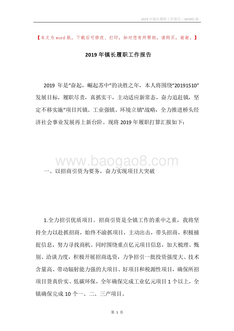 2019年镇长履职工作报告.docx_第1页
