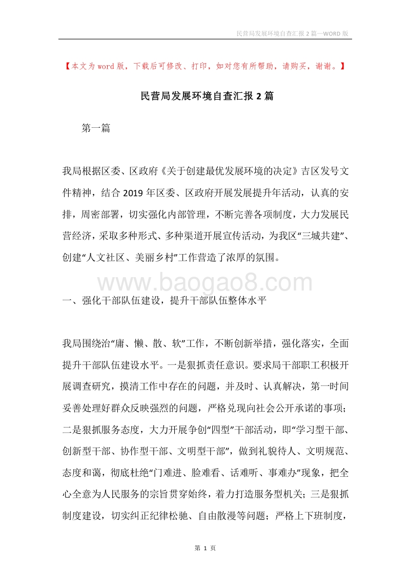 民营局发展环境自查汇报2篇.docx_第1页