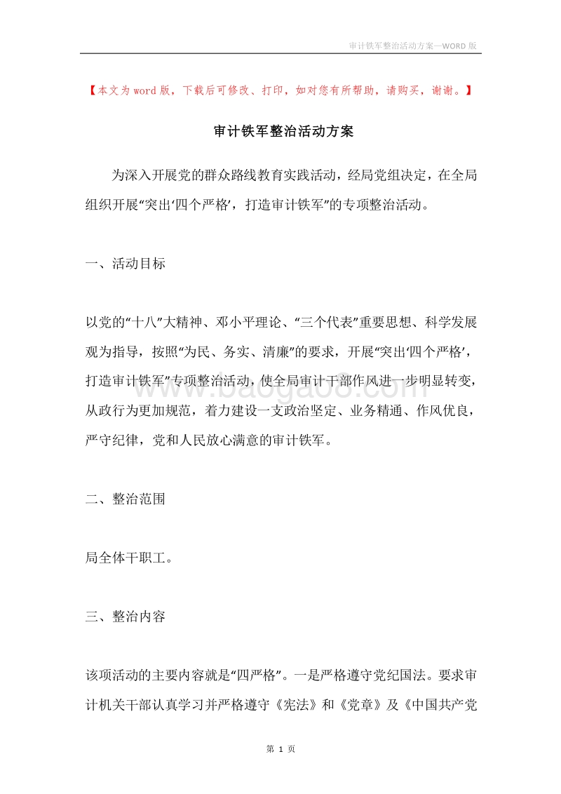 审计铁军整治活动方案.docx_第1页