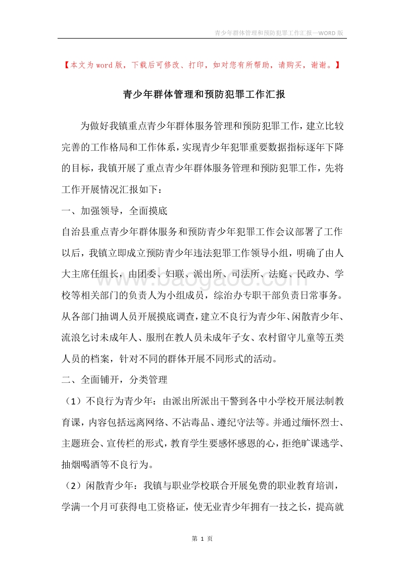 青少年群体管理和预防犯罪工作汇报.docx_第1页