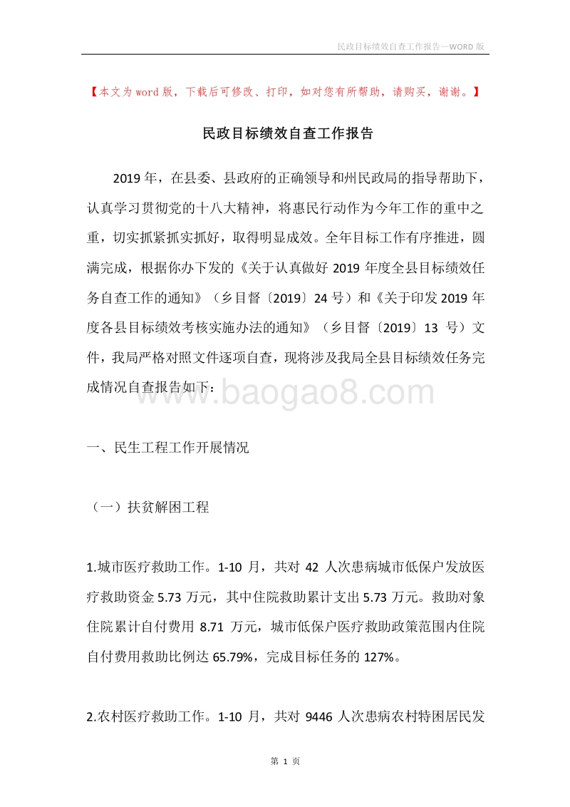 民政目标绩效自查工作报告.docx_第1页
