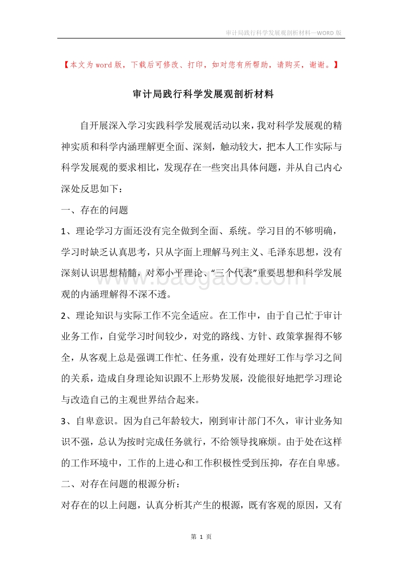审计局践行科学发展观剖析材料.docx_第1页