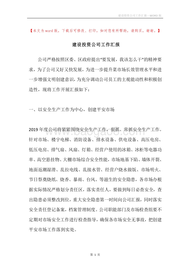 建设投资公司工作汇报.docx_第1页