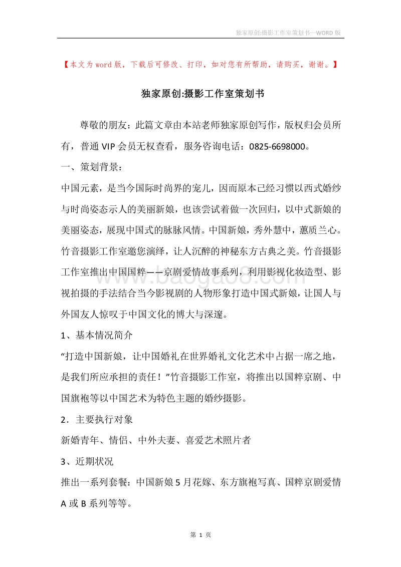 独家原创-摄影工作室策划书.docx_第1页
