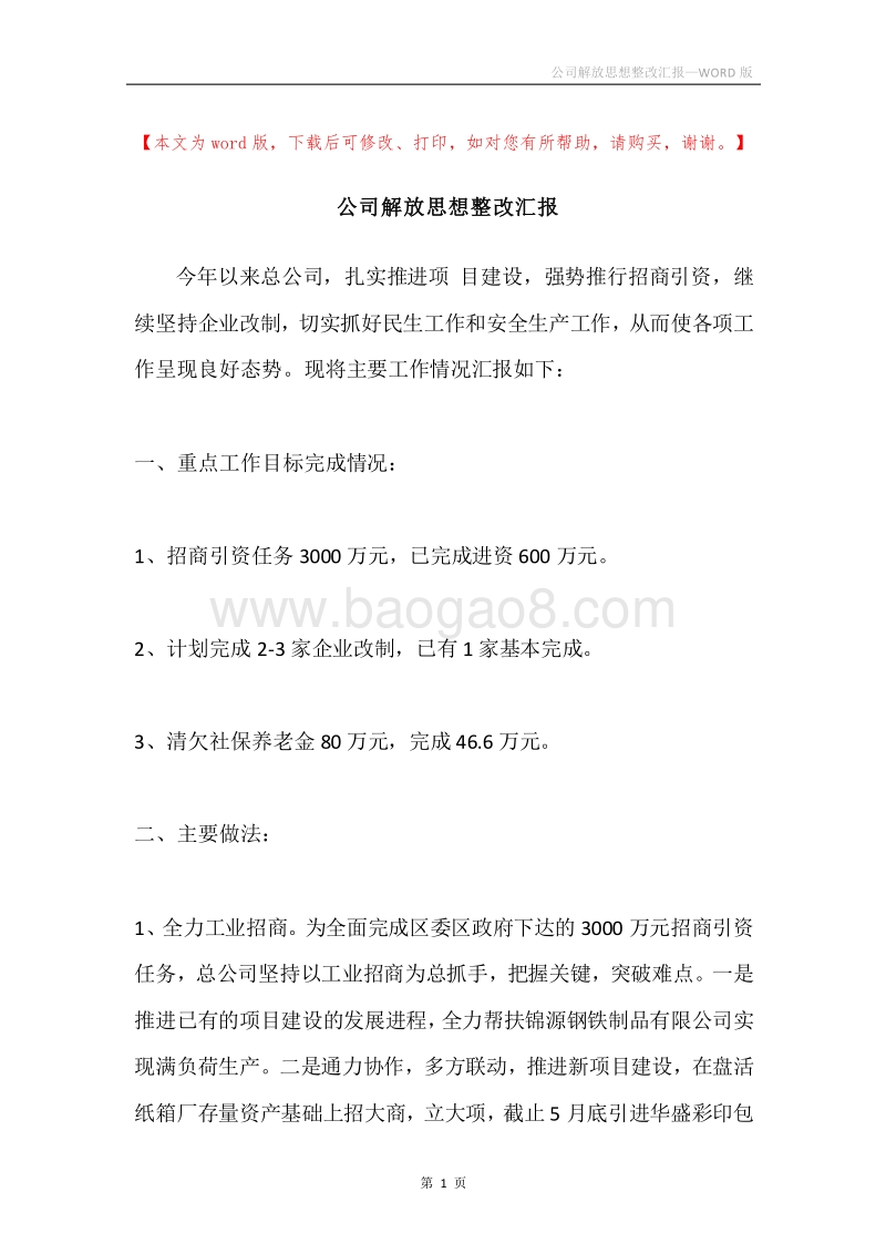 公司解放思想整改汇报.docx_第1页