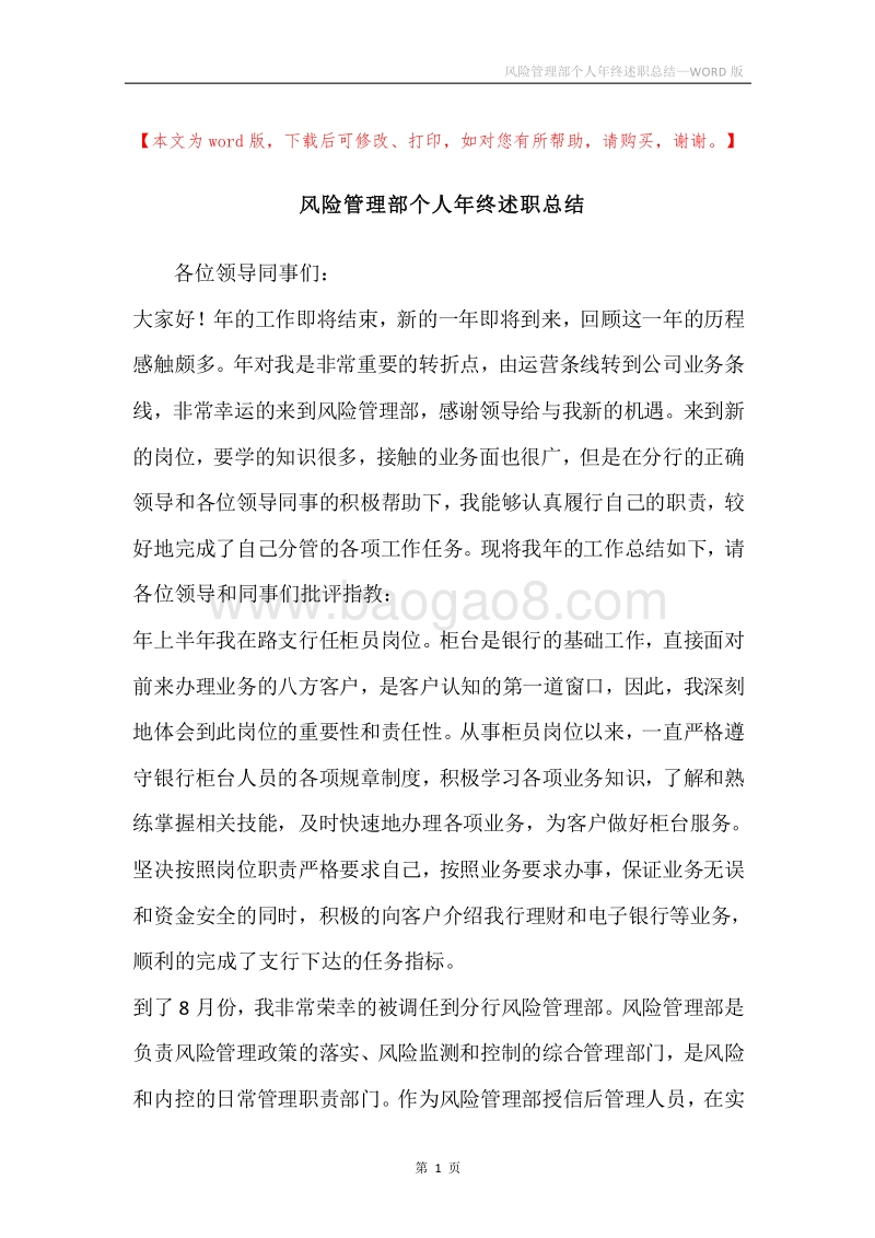 风险管理部个人年终述职总结.docx_第1页