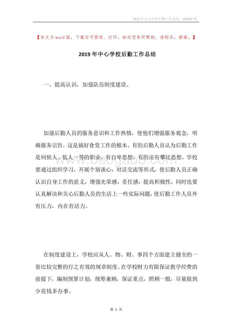 2019年中心学校后勤工作总结.docx_第1页