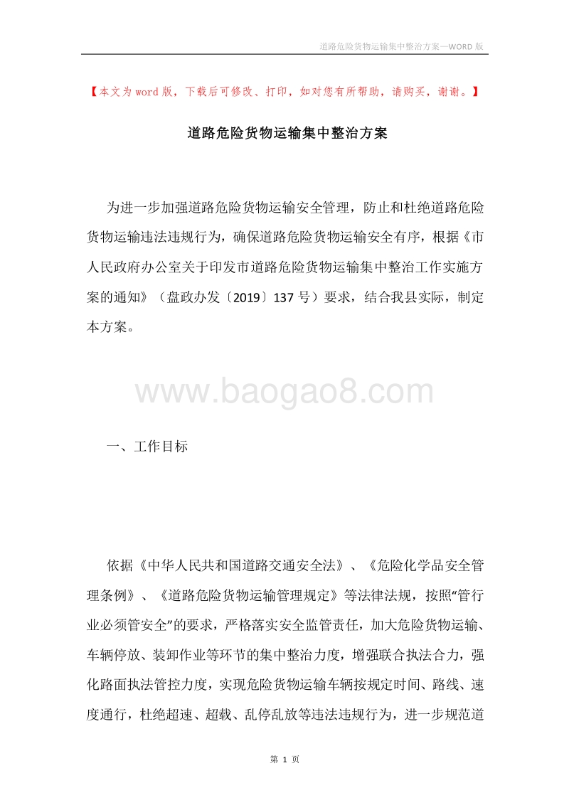 道路危险货物运输集中整治方案.docx_第1页