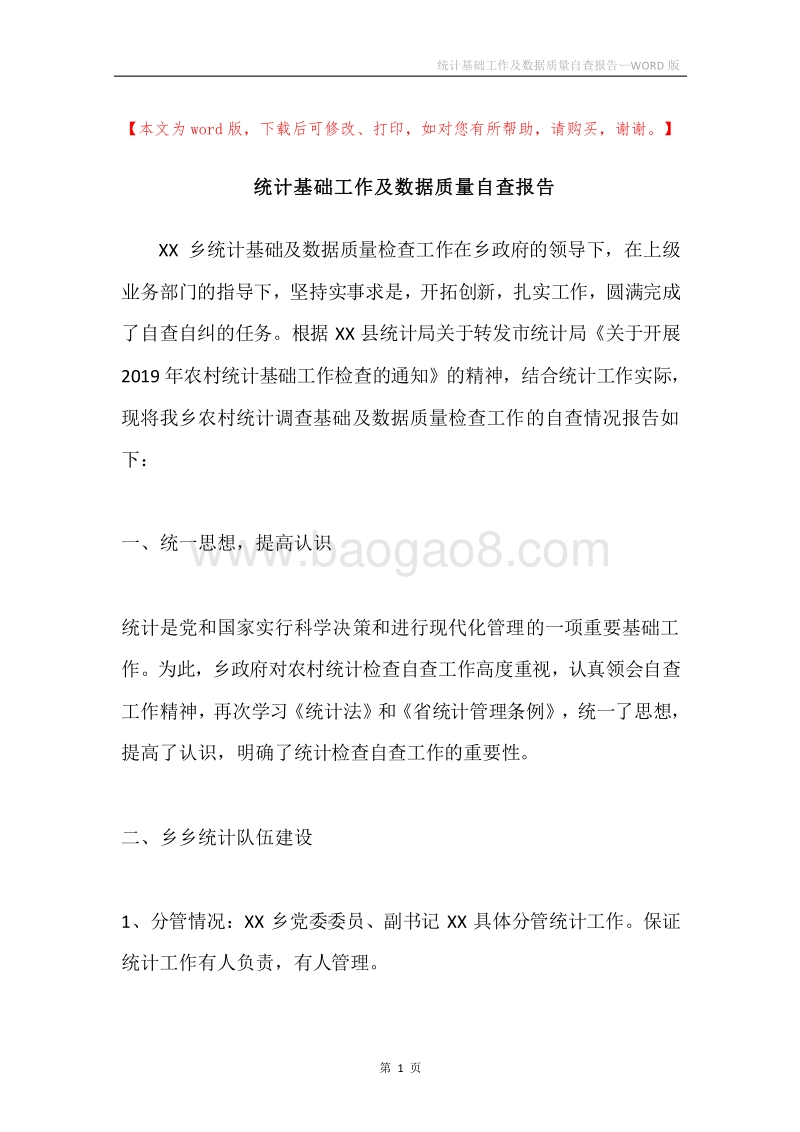 统计基础工作及数据质量自查报告.docx_第1页