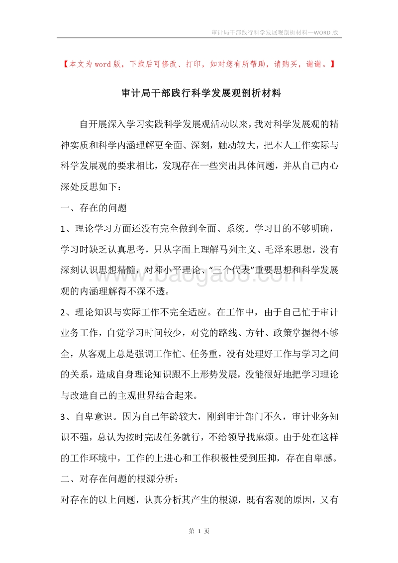 审计局干部践行科学发展观剖析材料.docx_第1页
