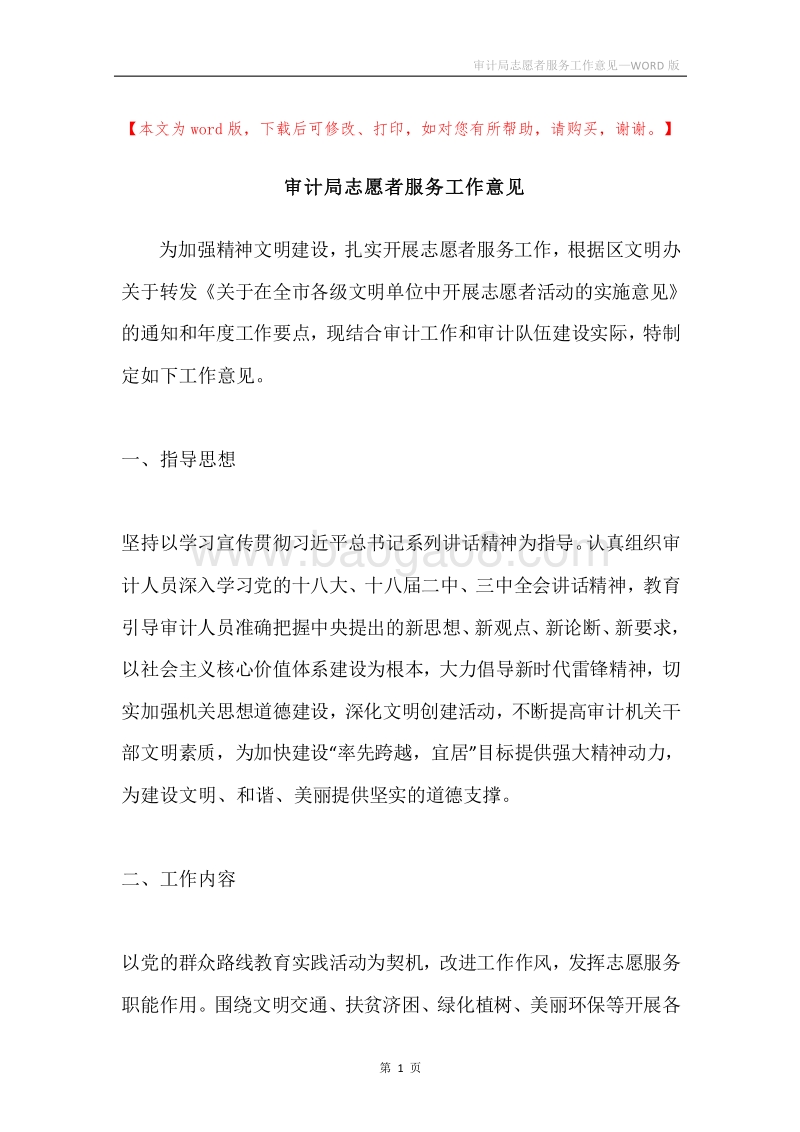 审计局志愿者服务工作意见.docx_第1页