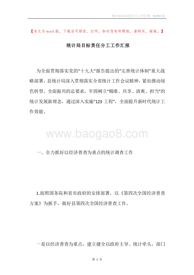 统计局目标责任分工工作汇报.docx_第1页