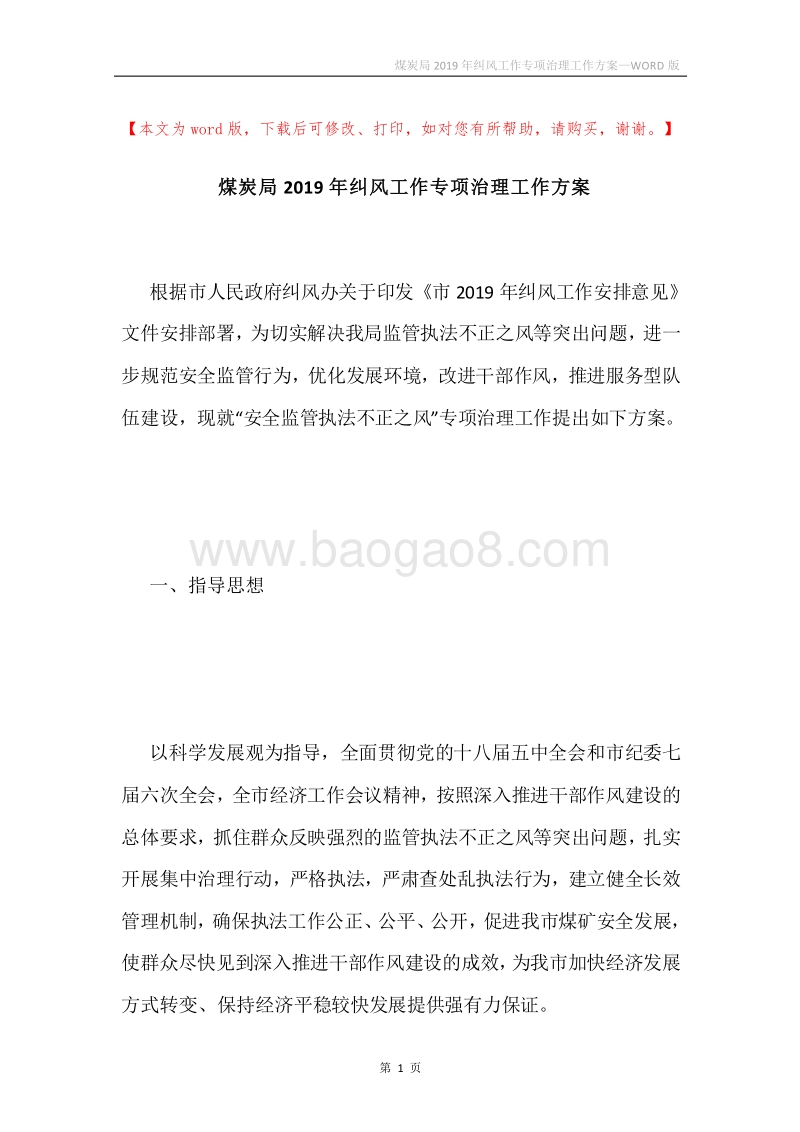 煤炭局2019年纠风工作专项治理工作方案.docx_第1页