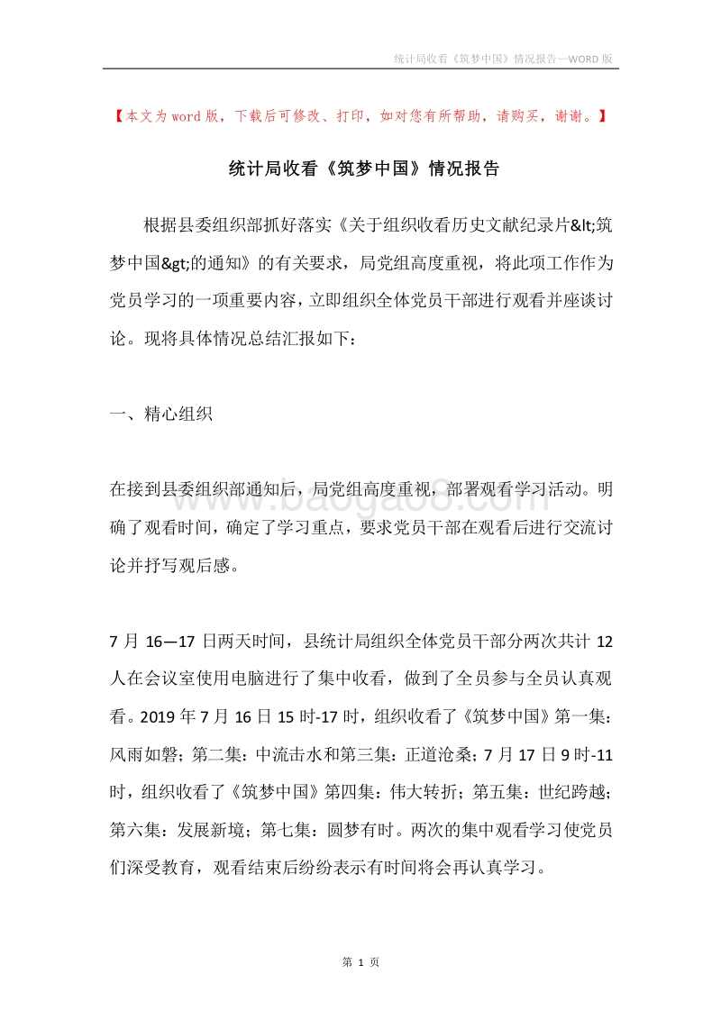 统计局收看《筑梦中国》情况报告.docx_第1页