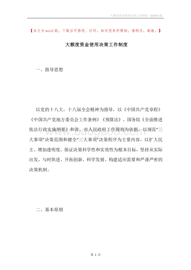 大额度资金使用决策工作制度.docx_第1页