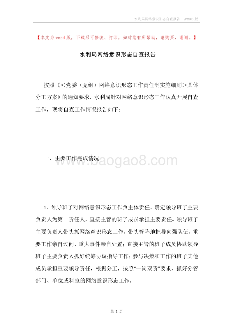 水利局网络意识形态自查报告.docx_第1页
