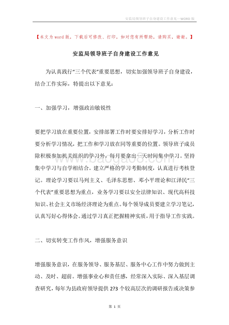 安监局领导班子自身建设工作意见.docx_第1页