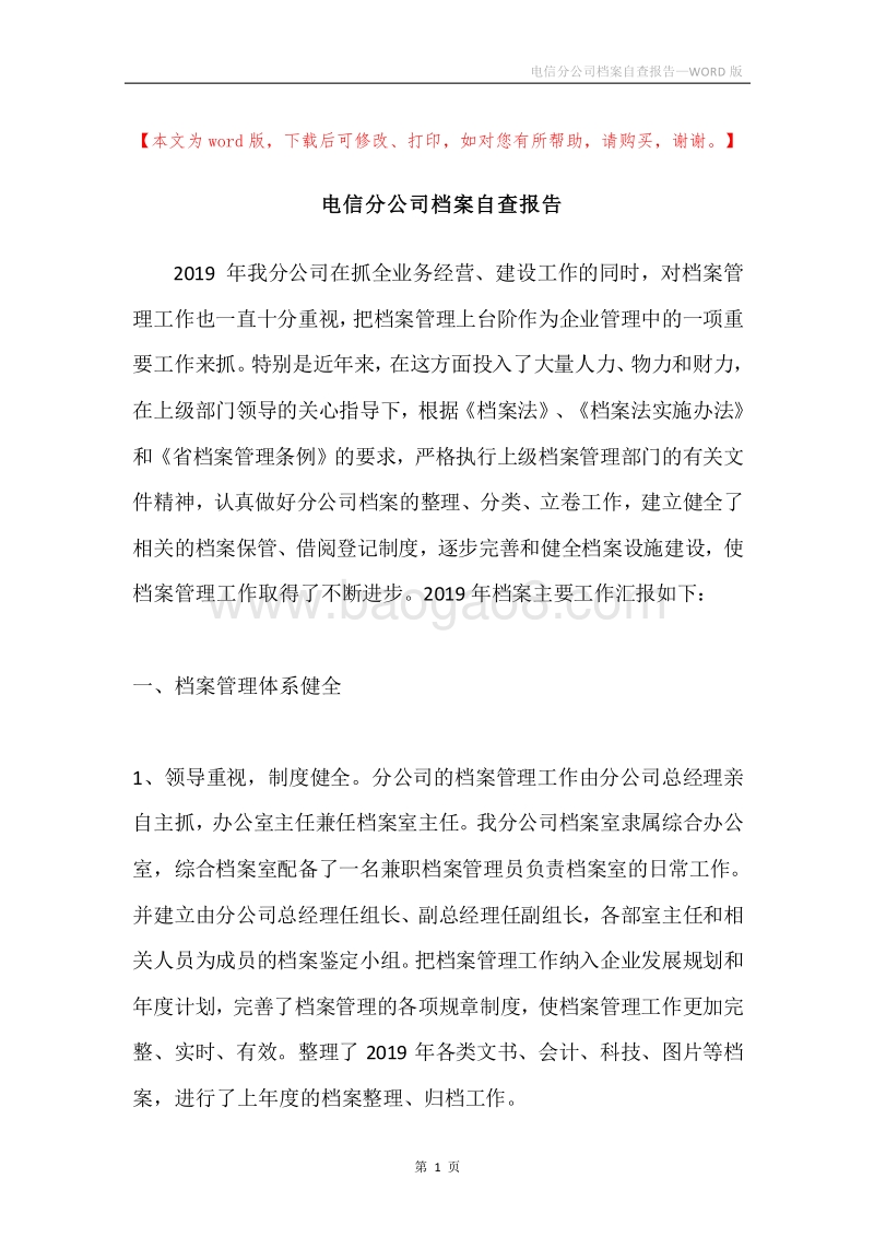 电信分公司档案自查报告.docx_第1页