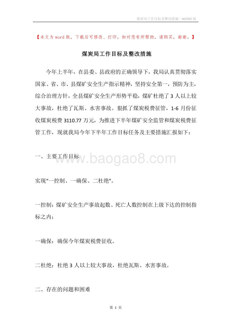 煤炭局工作目标及整改措施.docx_第1页