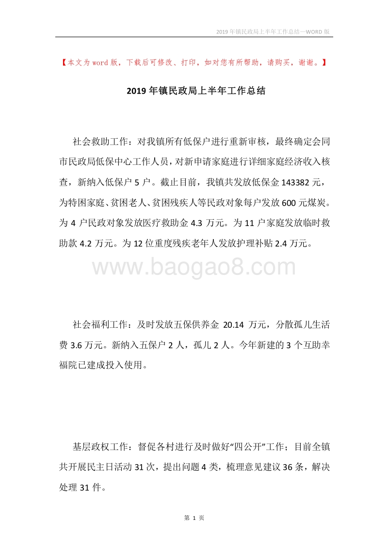 2019年镇民政局上半年工作总结.docx_第1页