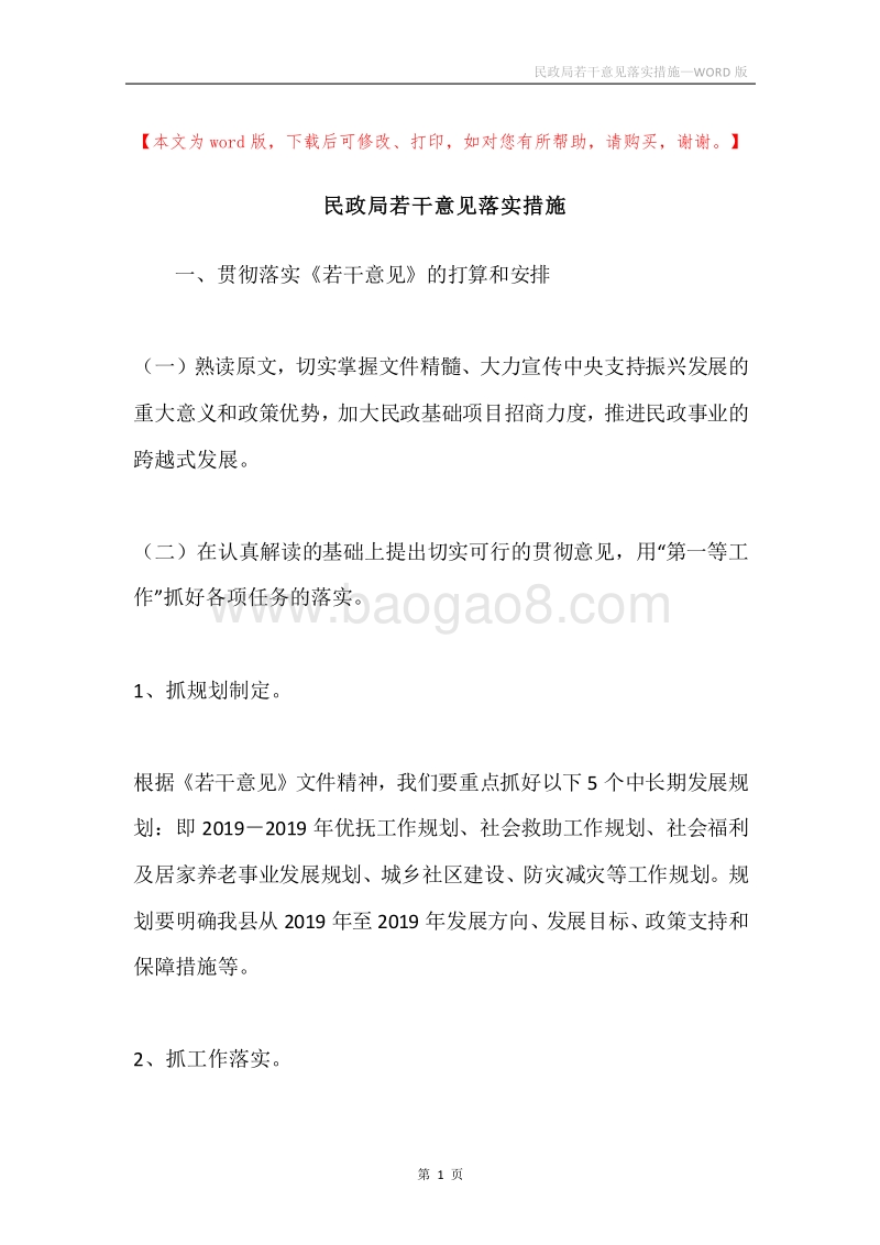 民政局若干意见落实措施.docx_第1页