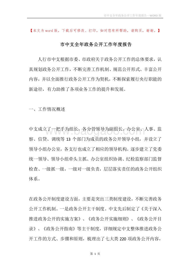 市中支全年政务公开工作年度报告.docx_第1页