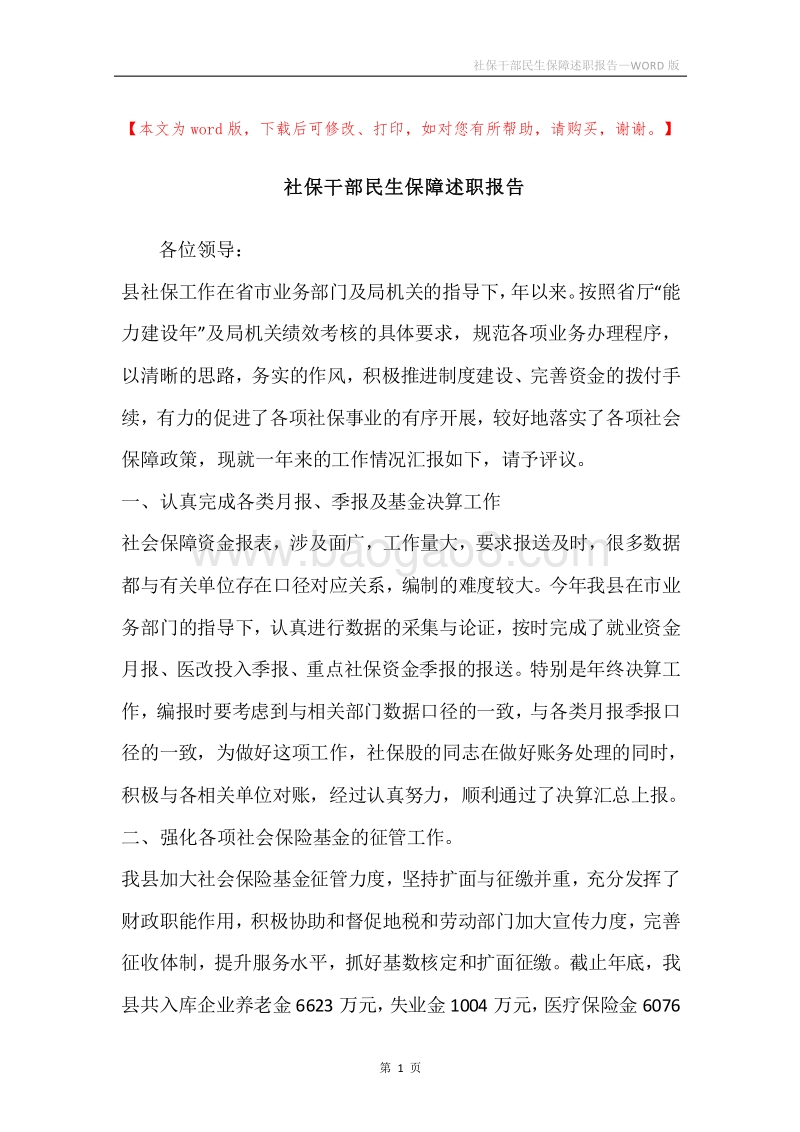 社保干部民生保障述职报告.docx_第1页