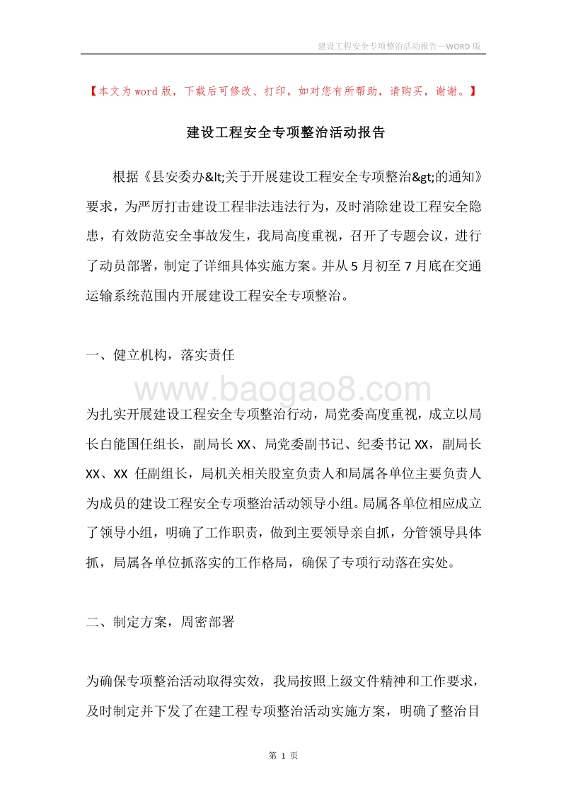 建设工程安全专项整治活动报告.docx_第1页