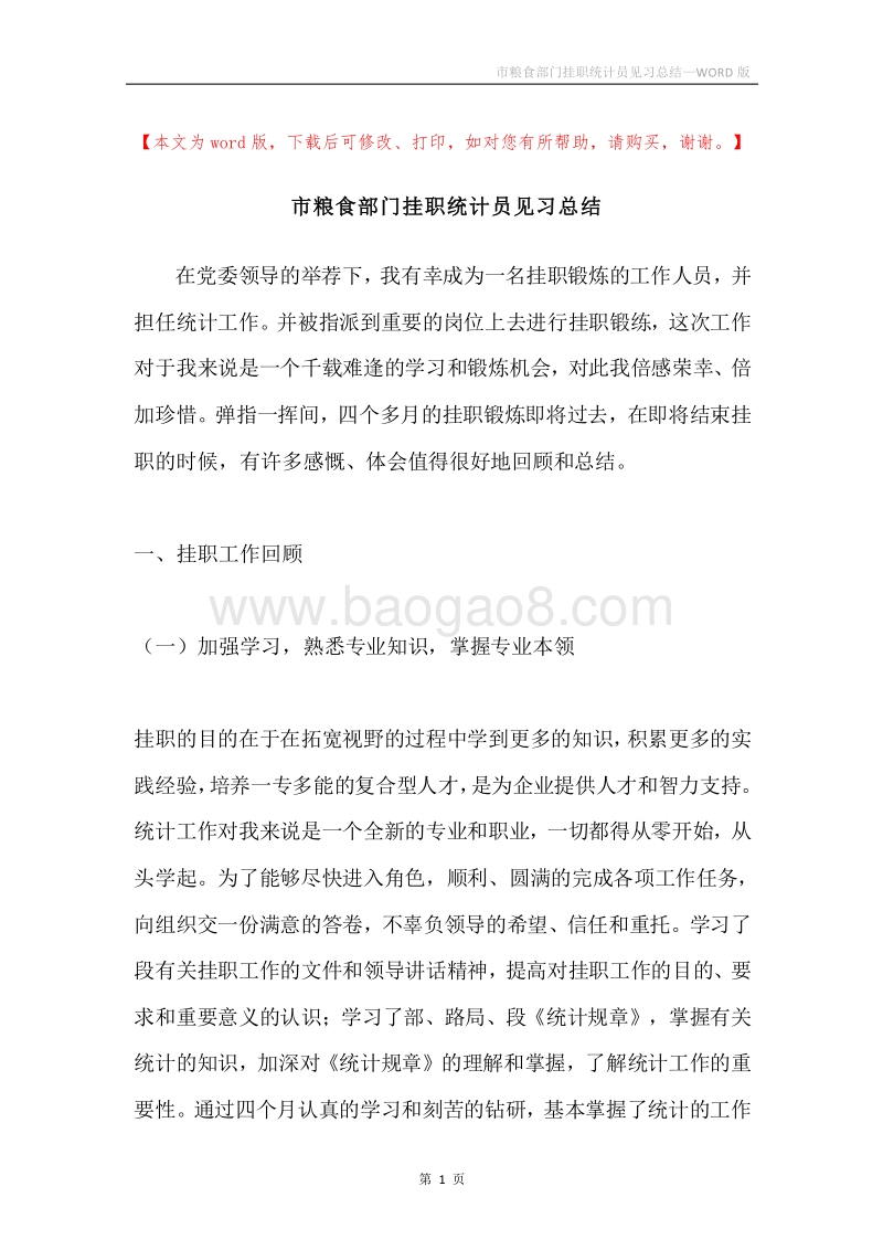 市粮食部门挂职统计员见习总结.docx_第1页