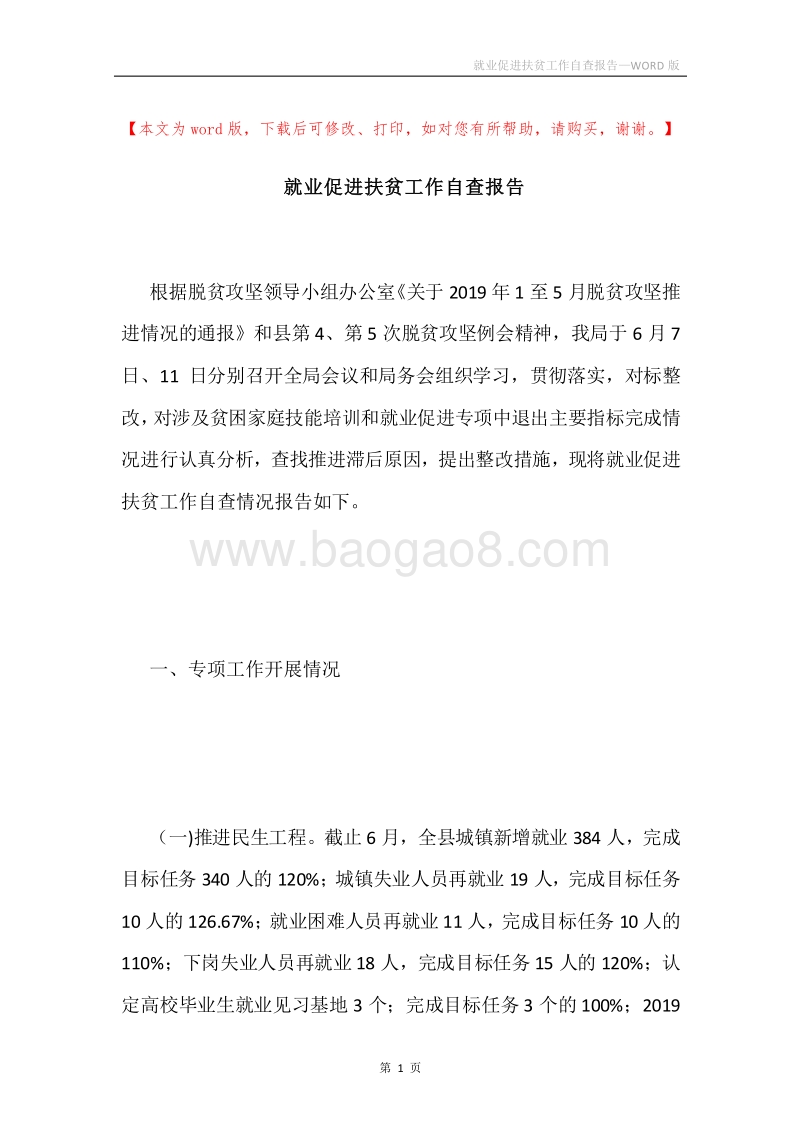 就业促进扶贫工作自查报告.docx_第1页