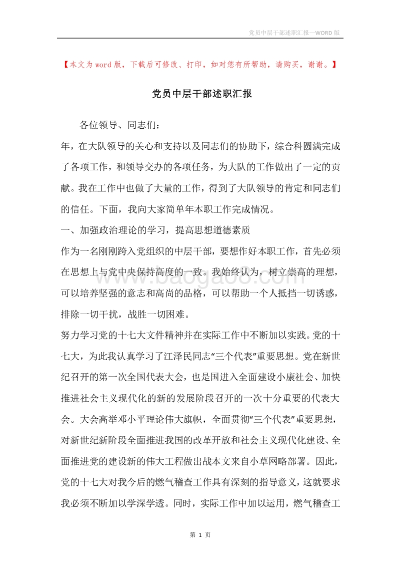党员中层干部述职汇报.docx_第1页