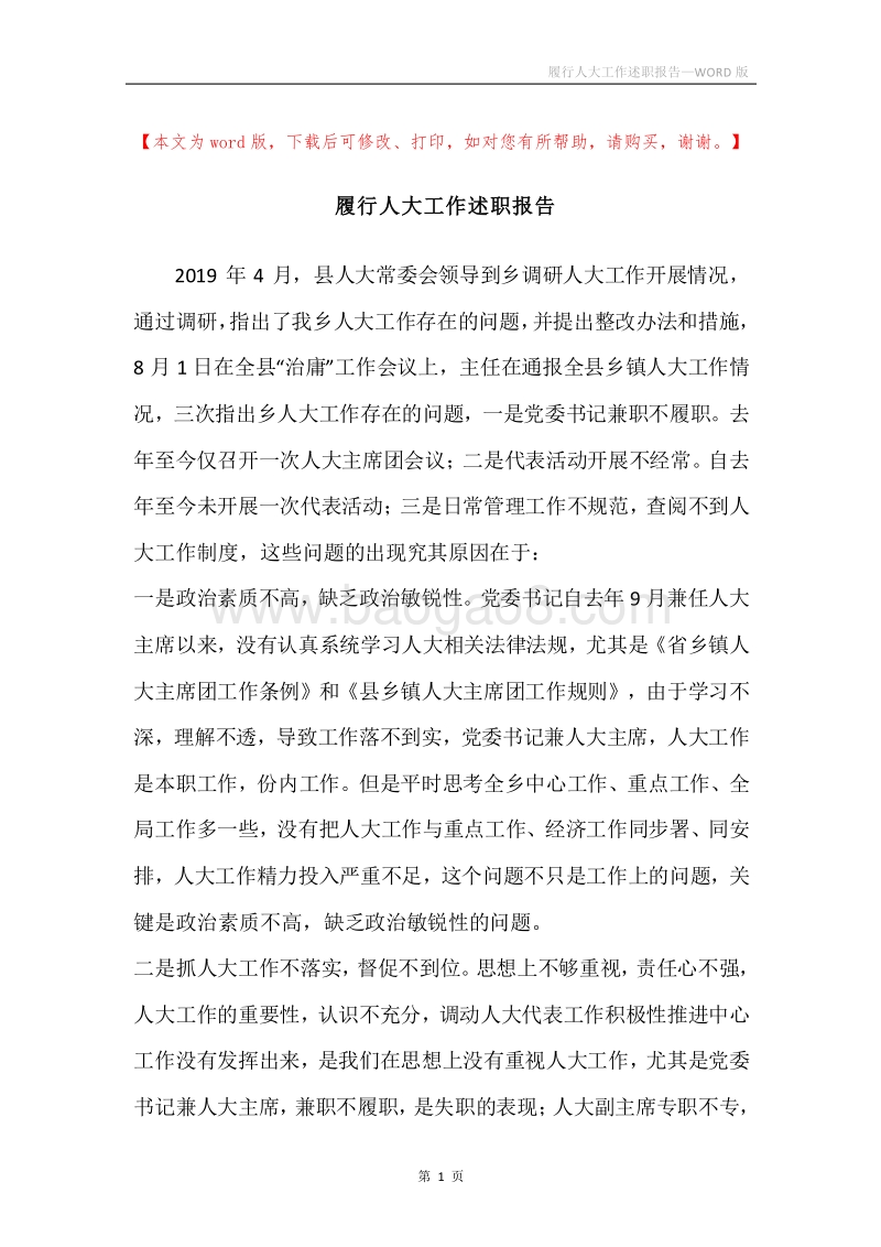 履行人大工作述职报告.docx_第1页