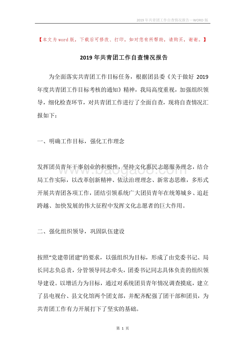 2019年共青团工作自查情况报告.docx_第1页