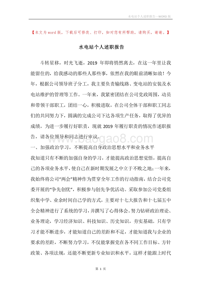 水电站个人述职报告.docx_第1页